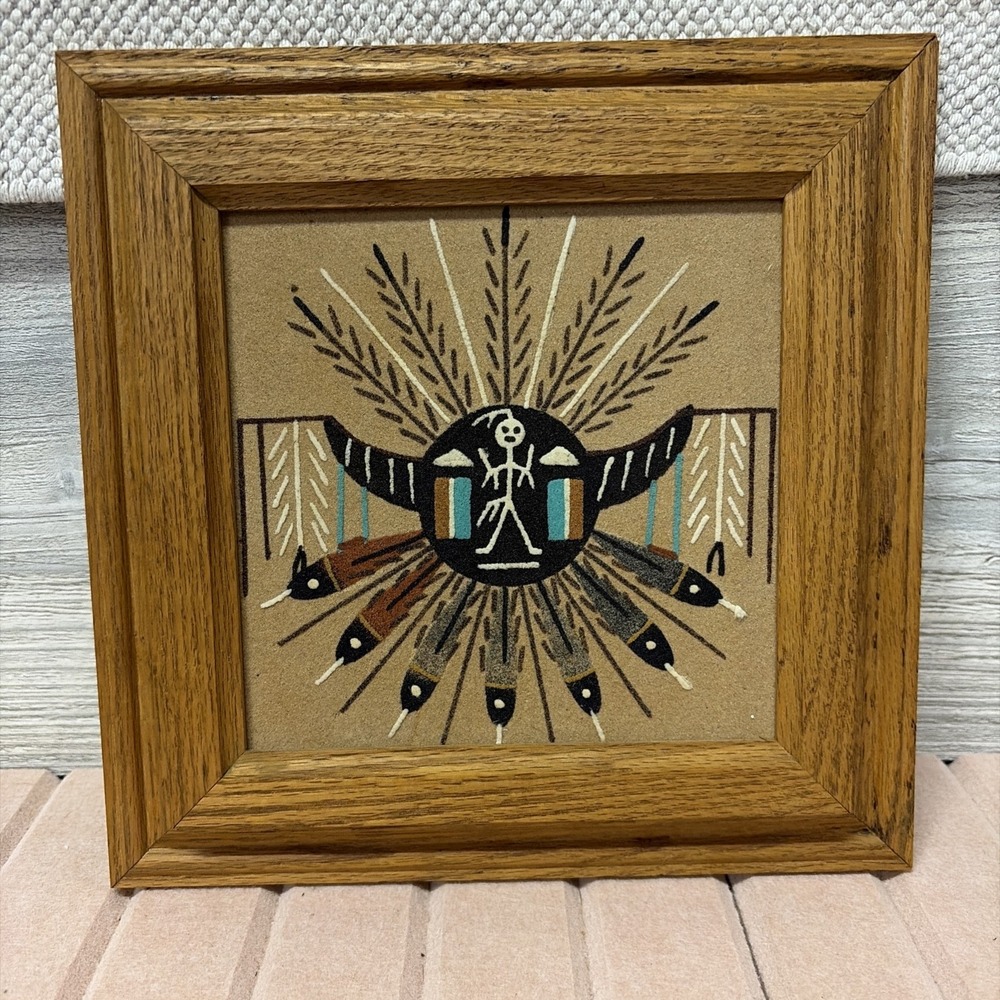 Vintage ORIGINAL Navajo Sand Art "Sun Creation" FRAMED (D7)